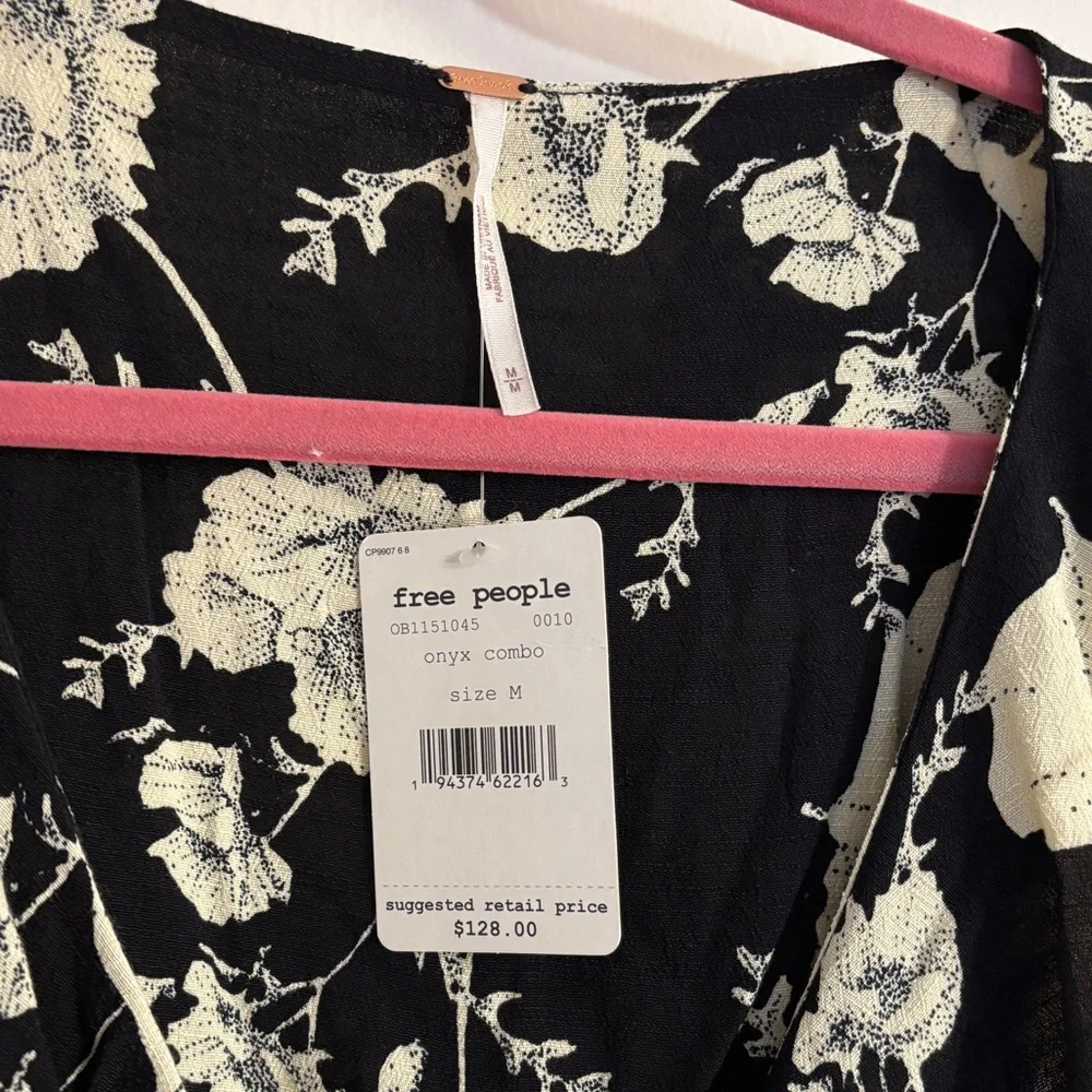 Free People French Quarter Printed Mini Dress Black Onyx Floral Wrap Combo M